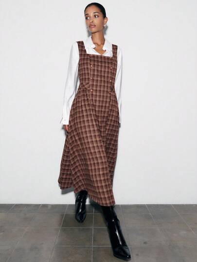 Nöista Vestido sin mangas a cuadros marrones con botones delanteros, escote cuadrado y bajo acampanado; movimiento inspirado en el campo que se adapta al estilo de vestido largo casual en otoño, se combina con punto en invierno y crea looks encantadores para Navidad o Año Nuevo, también adaptable para Halloween rústico.