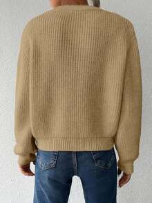SHEIN Cottnline Women's Solid Color V-Neck Front Button Casual Versatile Long Sleeve Cardigan - Camel - View 2