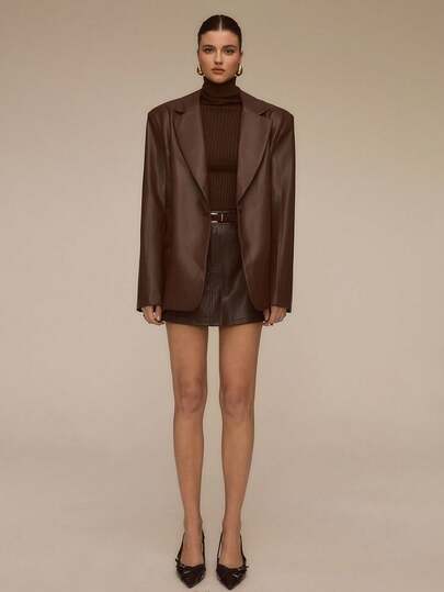 ATUI Studio Women's Loose Fit PU Blazer Jacket, Vintage Style, Suitable For Office, Commute, Halloween, Thanksgiving, Christmas, Autumn/Winter,Cozy Fall And Winter Clothes For Women