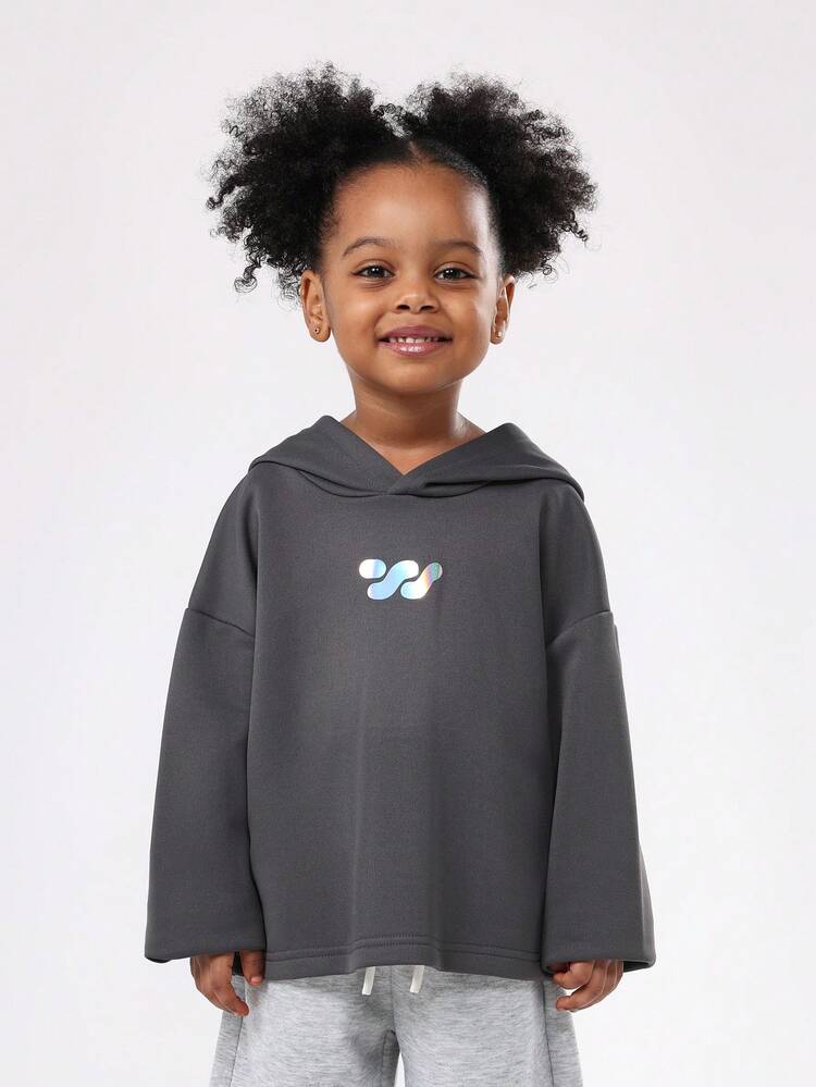 Boxy Hooded Sweatshirt With Holographic Logo Print