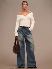 SHEIN BAE Women's Solid Color Minimalist Off-Shoulder Long Sleeve Sweater, Everyday Wear,Winter,Women's Winter Clothes , Fall Clothes For Women,Autumn Outfits For Women,Autumn Clothes For Women,Women's Winter Sweater ,Halloween ,Halloween Costume For Women,Christmas ,Christmas Sweater, Christmas Clothes For Women,New Year ,Party ,Elegant ,Casual,Fluffy Tops, Sexy Sweaters, Sexy White Sweaters, White Casual Sweaters, White Knit Top,Cozy Fall And Winter Clothes For Women