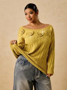 Travachic Plus Size Elegant 3D Floral Rhinestone Decor Cold Shoulder Sweater Autumn Winter - Yellow - View 4