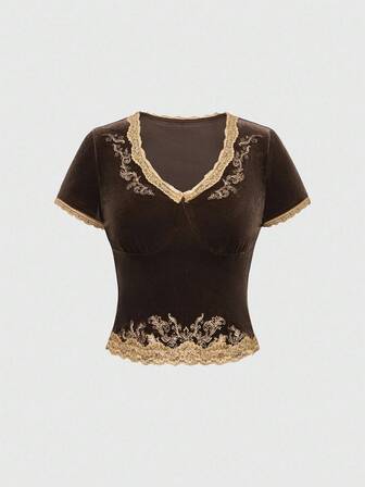 Goth T-shirt Da Donna Slim Fit Con Scollo A V E Scollo A V Con Ricamo A Vite E Fiore Vintage Palazzo