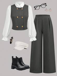 SHEIN Girlism Teenager Mädchen Set aus gewebtem weißem Langarmhemd mit Kragen, grauer Weste und Lässig Hose