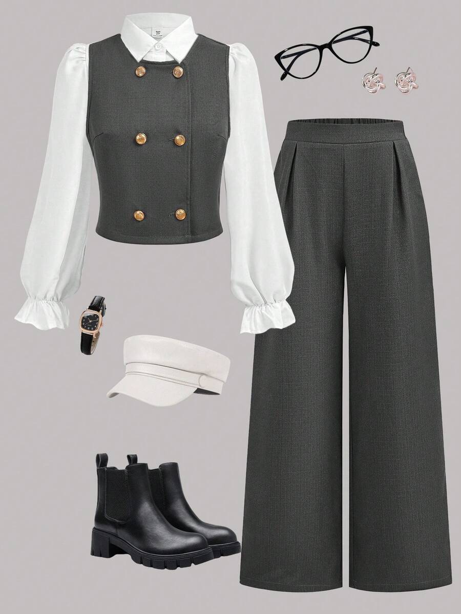 SHEIN Girlism Teenager Mädchen Set aus gewebtem weißem Langarmhemd mit Kragen, grauer Weste und Lässig Hose