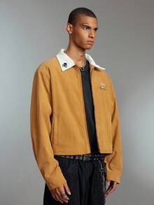 ROMWE MEN Prep Herren modische lässige Reißverschluss-Cord-Jacke mit Totenkopf-Motiv, für den Herbst - Braun - Übersicht 5