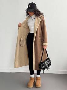 青少年女孩休闲长款米色仿毛领夹克