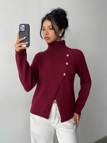 SHEIN Elenzya Women's Elegant High Neck Knit Pullover With Metal Button Decor, Solid Color Long Sleeve Christmas Red Sweater, Autumn/Winter - Burgundy - View 5