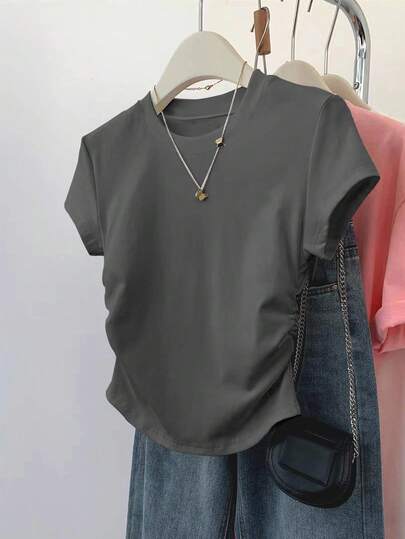 Resyla 女士时尚简约百搭优雅短袖 T 恤，适合摄影、街头风格、返校季、夏季，腰部有褶饰