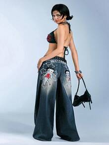 Betty Boop | ROMWE Quần jeans ống rộng thêu họa tiết hoạt hình giặt thường ngày cỡ lớn - Màu xanh lam - Xem 7