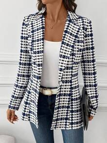 SHEIN Clasi Women's Elegant Plaid Blazer Jacket, Versatile Daily Wear Long Sleeve Blazer, Classic Checkered Jacket For Commuting, Autumn Women Blazers Women Blazers Plaid Blazer Women Houndstooth Blazer Office Blazer Women Plaid Fall Clothes For Women Check Going Out Outfit Business Casual Outfits Women Business Professional Women,Cozy Fall And Winter Clothes For Women