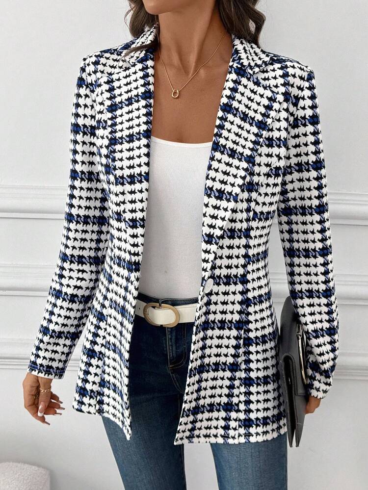 SHEIN Clasi Blazer elegante a quadri da donna, blazer casual versatile a maniche lunghe, giacca classica a quadri per pendolarismo, blazer a quadri autunnali da donna, blazer a quadri da donna, blazer a pied-de-poule da donna, blazer da ufficio da donna, blazer a quadri autunnali da donna, blazer casual da donna, blazer da donna per l'ufficio, blazer comodi per l'autunno e l'inverno da donna - Blu e Bianco - Visualizzare 5