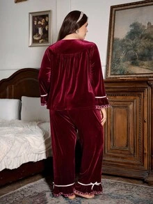 PalaceNights Bộ đồ ngủ nhung thêu phong cách cung điện cổ điển cỡ lớn, váy ngủ thu/đông, đồ ngủ cho nữ, đồ ngủ 2 món, bộ đồ ngủ màu đỏ tía, quần áo mùa thu - Màu Đỏ Sâu - Xem 2