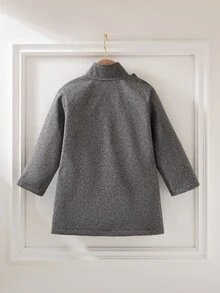 SHEIN 4-7岁女童法式复古长款及膝外套，单排扣高领大蝴蝶结设计，灰色格子面料，秋冬季 - 灰色 - 查看 2