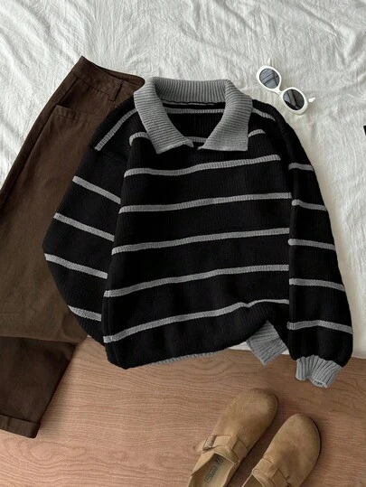 Elamini كنزة صوفية كاجوال بأكمام طويلة وياقة مخططة بألوان متباينة، خريف/شتاء