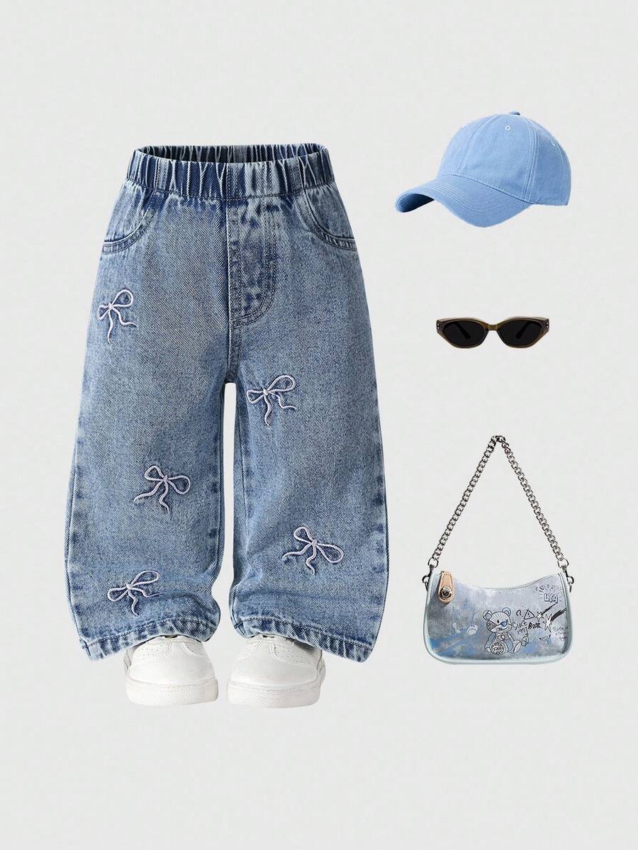 Baby Girls' Casual Jeans, Lightweight Denim, Loose Straight Leg, Butterfly Embroidery, Comfortable Cotton, Suitable For Everyday Wear, School, Commute Fall Winter - Light Wash - View 1