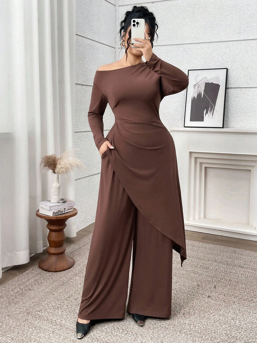 Modelyn Conjunto de 2 piezas de talla grande con top asimétrico de unicolor y pantalones de pierna ancha para uso diario - Café integral - Ver 1