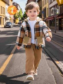 SHEIN Explorewe 1 Áo khoác nhung kẻ caro chắp vá cho bé trai tuổi mới lớn, đa năng và thoải mái, thích hợp mặc hàng ngày, hoạt động ngoài trời, đi làm, mùa xuân/thu, mùa tựu trường - Nhiều màu - Xem 3