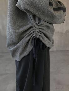 FRIFUL Women's Dark Grey Round Neck Contrast Stripe Decor Side Slit Drawstring Hem Design Cuff & Hem Binding Dropped Shoulder Loose Casual Versatile Long Sleeve T-Shirt, Autumn - Grey - View 7