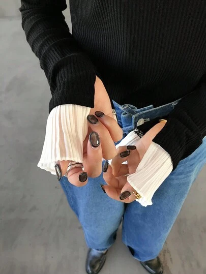 FRIFUL 女式黑色圆领长袖罗纹面料撞色褶皱喇叭袖口修身百搭 T 恤，秋季