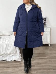 SHEIN CURVE+ Plus Size Women's High Neck Padded Coat With Belt, Pocket, Hood, Casual, Comfortable, Warm, Slim Fit/ Winter - Navy Blue - View 4