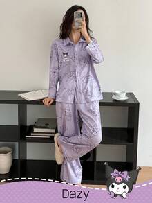 DAZY HELLO KITTY AND FRIENDS | SHEIN 女士卡通图案长袖上衣和裤子睡衣套装，秋季、秋冬季服装 - 紫色 - 查看 6