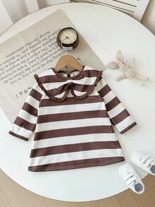 SHEIN Baby Girl Cute Casual Knitted Striped Peter Pan Collar Loose Long Sleeve Dress Fall Winter - Multicolor - View 5
