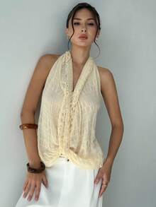 Aloruh Top estivo elegante da donna con scollo all'americana e schiena scoperta, giallo pallido, per brunch e vacanze, stile western boho gyaru, streetwear tropicale per concerti, rave e festival - Albicocca - Visualizzare 9