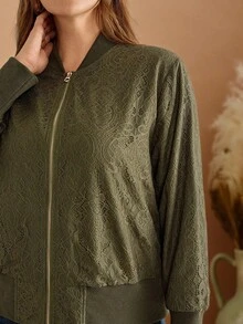 EMERY ROSE 大码女式绿色休闲通勤蕾丝前中拉链飞行员夹克，秋冬 - 軍綠色 - 查看 5