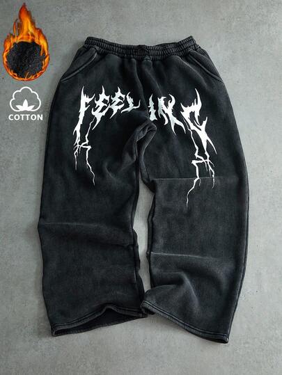 PAVTROS Calça casual masculina folgada e desgastada, calça de moletom com estampa gótica escura, para rave, emo, estilo anos 2000