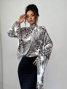 Elenzga 女士优雅时尚通勤休闲舒适迷人复古长袖立领直筒动物印花衬衫（随机印花） - 黑色 - 查看 5