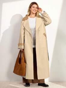 Momelise Plus Size Women PU Leather Patchwork Windbreaker, Mid-Length High-End Elegant Jacket - Khaki - View 5