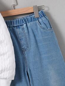 SHEIN 2pcs Tween Boy Casual Textured Sweatshirt And Denim Pants Set Chic Outfits For Autumn/Winter