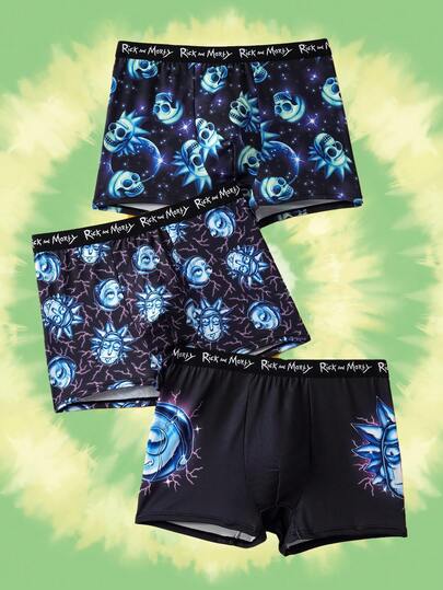 Rick and Morty X SHEIN 3pcs/Pack Halloween Black & Blue Comfortable Contrast Cartoon Skull Face Pattern Fashion Print Trunk, Basic Casual Boxer Brief