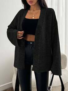 EURMUSE 女士纯色落肩长袖宽松打结腰部休闲开衫 - 黑色 - 查看 6