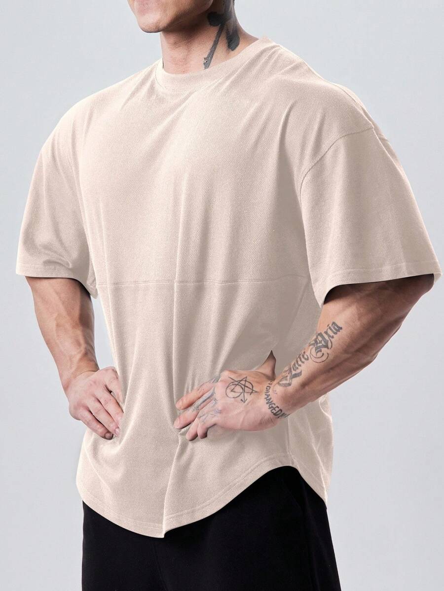 Manfinity Sport PWRUP Men Casual Solid Color Short Sleeve Athletic T-Shirt, Oversized T Shirt Gym, Baggy T Shirt Workout Tops Gym Top Breathable - Apricot - View 1