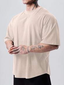 Manfinity Sport PWRUP Men Casual Solid Color Short Sleeve Athletic T-Shirt, Oversized T Shirt Gym, Baggy T Shirt Workout Tops Gym Top Breathable - Apricot - View 3