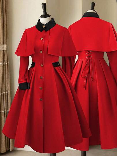 Sweetra Plus Size Color Block Stand Collar Patchwork Cinched Waist Long Sleeve A-Line Autumn/Winter Jacket