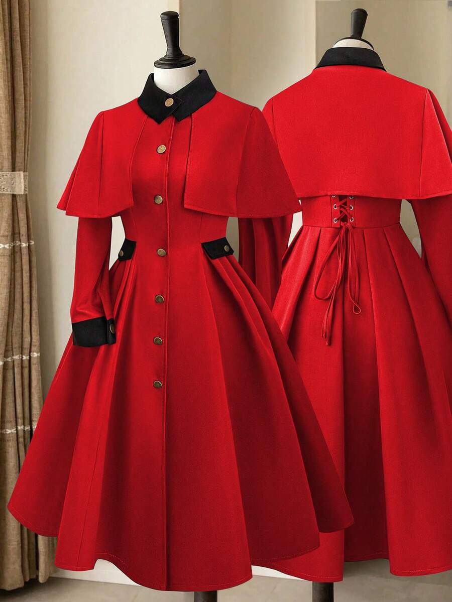 Sweetra Chaqueta de línea A de manga larga con cintura ceñida, cuello alto y parches de color para otoño/invierno, talla grande - Rojo - Ver 1