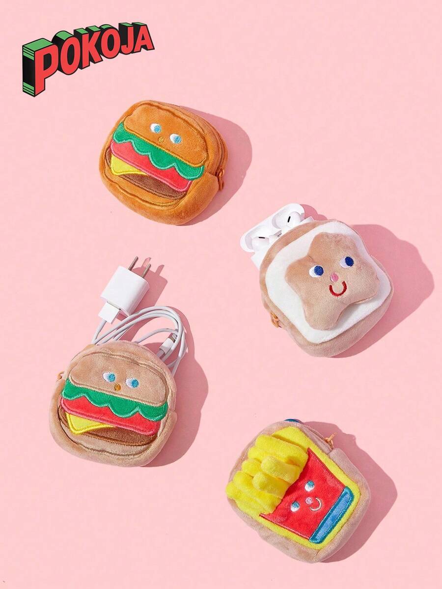1个美味食物主题可爱（非毛绒柔软填充）耳机收纳盒兼零食钱包 - 多功能卡通迷你包，可收纳耳机线和零钱包（汉堡/薯条/牛奶/面包款式） - 青少年及成人可爱配饰
