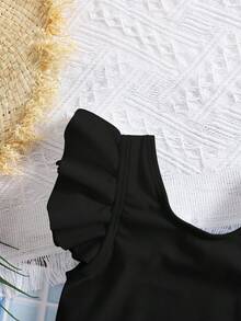 SHEIN 女婴露背蝴蝶结装饰盖袖连体衣沙滩泳装 - 黑色 - 查看 3