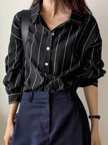 DAZY 女式条纹宽松半襟长袖校服衬衫秋季 - 黑色 - 查看 5