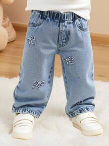 Baby Girls' Casual Jeans, Lightweight Denim, Loose Straight Leg, Butterfly Embroidery, Comfortable Cotton, Suitable For Everyday Wear, School, Commute Fall Winter - Light Wash - View 3