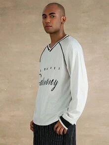 STYNVO Men's Contrast Color Raglan Sleeve V-Neck Printed Long Sleeve T-Shirt Academia Men Christian Men Pajamas Summer Tops, For Fall - Apricot - View 5