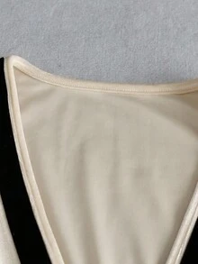 GlowEve Women's Velvet Color Block V-Neck Waist Fit & Flare Elegant Dress, Suitable For Daily, Commute, Business, French Romantic, Party, Christmas, Autumn/Winter, Long Sleeve, Apricot