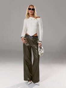 SHEIN Unity Casual Solid Color PU Straight Pocket Zipper Long Pants, Suitable For Daily Wear - Brown - View 6