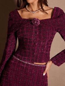 Enchnt 女士时尚优雅方领3D花卉长袖夹克 - 酒紅色 - 查看 8