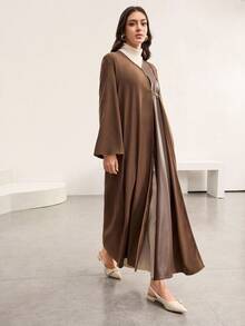 Al Najma Women's 2 In 1 Bell Sleeve Front Button Arabic Abaya Jacket - Brown - View 6