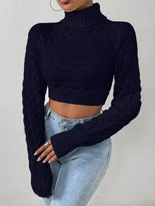 EMERY ROSE Women's Casual Solid Color Turtleneck Cropped Long Sleeve Sweater, Autumn/Winter - Navy Blue - View 5