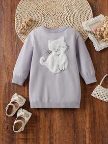 SHEIN Vintaside Kids 女婴可爱猫咪图案长袖针织毛衣裙，适合春秋冬 - 淺灰色 - 查看 4
